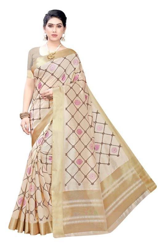 Vamika Weaving Cream Cotton Polyester Silk Saree (KERALA CHECKS)