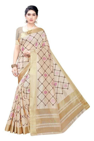 Vamika Weaving Cream Cotton Polyester Silk Saree (KERALA CHECKS)