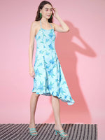 Thumbnail for Myshka Women's Blue Floral Printed Fit and Flare Dress - Distacart
