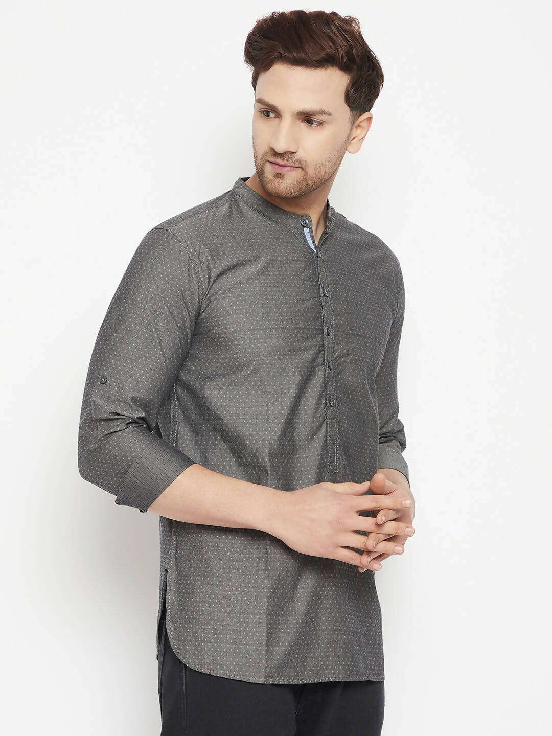Even Apparels Grey Pure Cotton Short Men's Kurta With Band Collar - Distacart