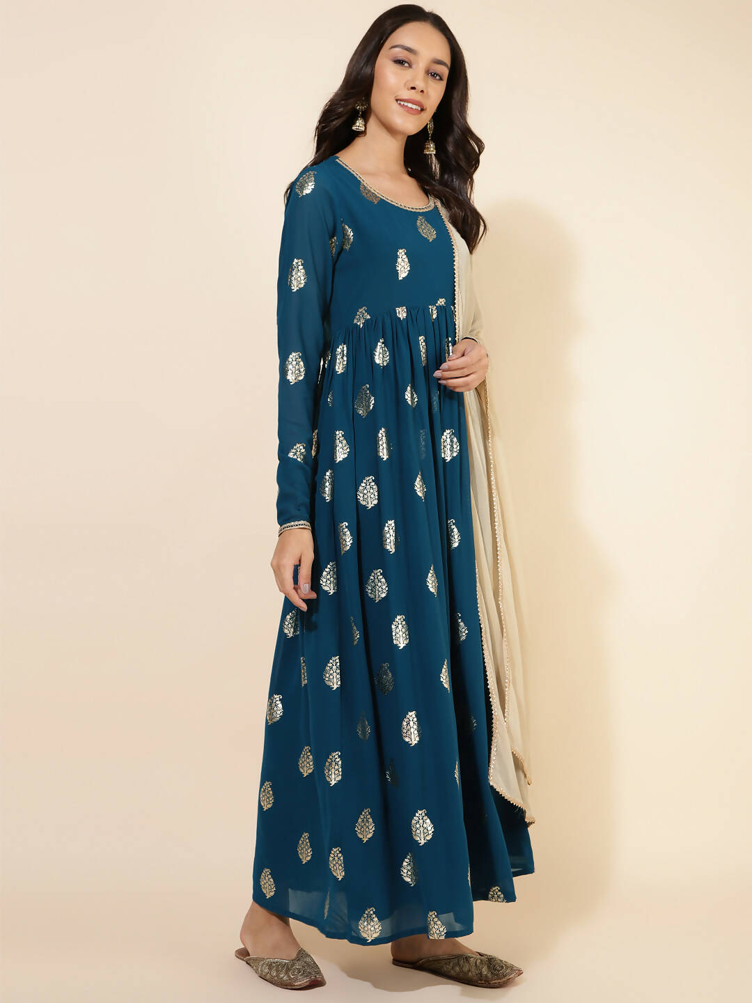 Janasya Women's Teal Blue Georgette Foil Printed Festive Flared Kurta Set - Distacart