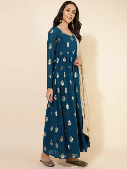 Janasya Women's Teal Blue Georgette Foil Printed Festive Flared Kurta Set - Distacart