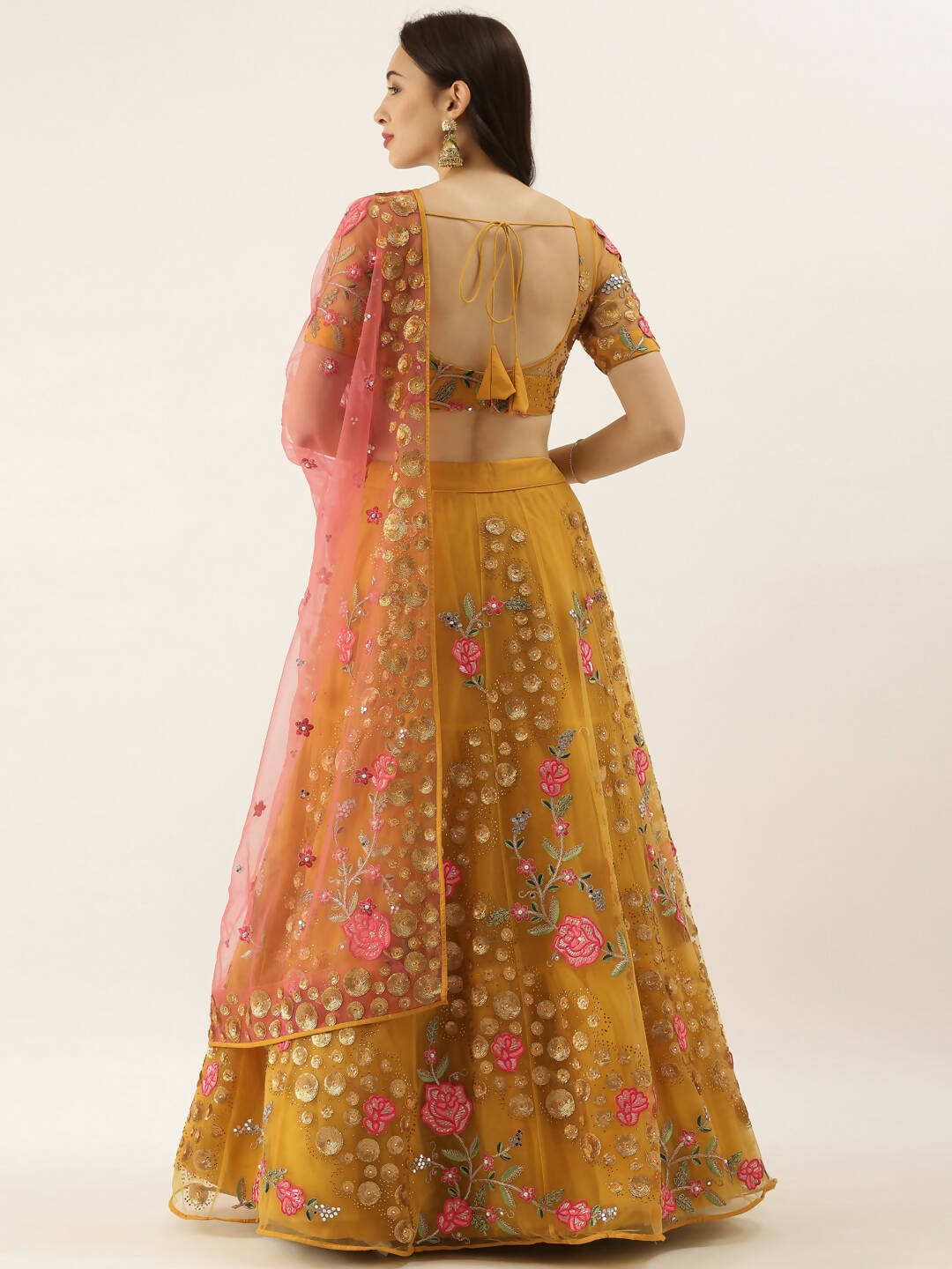 House of Panchhi Mustard Net Semi stitched Coding, Sequins & Saroski Stone Work Lehenga Choli - Distacart