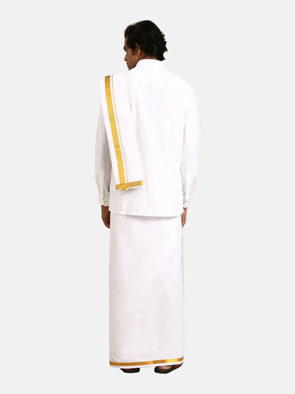 Ramraj Cotton Mens 1/2 " Poly Cotton 3 In 1 Dhoti, Towel And Dhoti Belt Set - White - Distacart