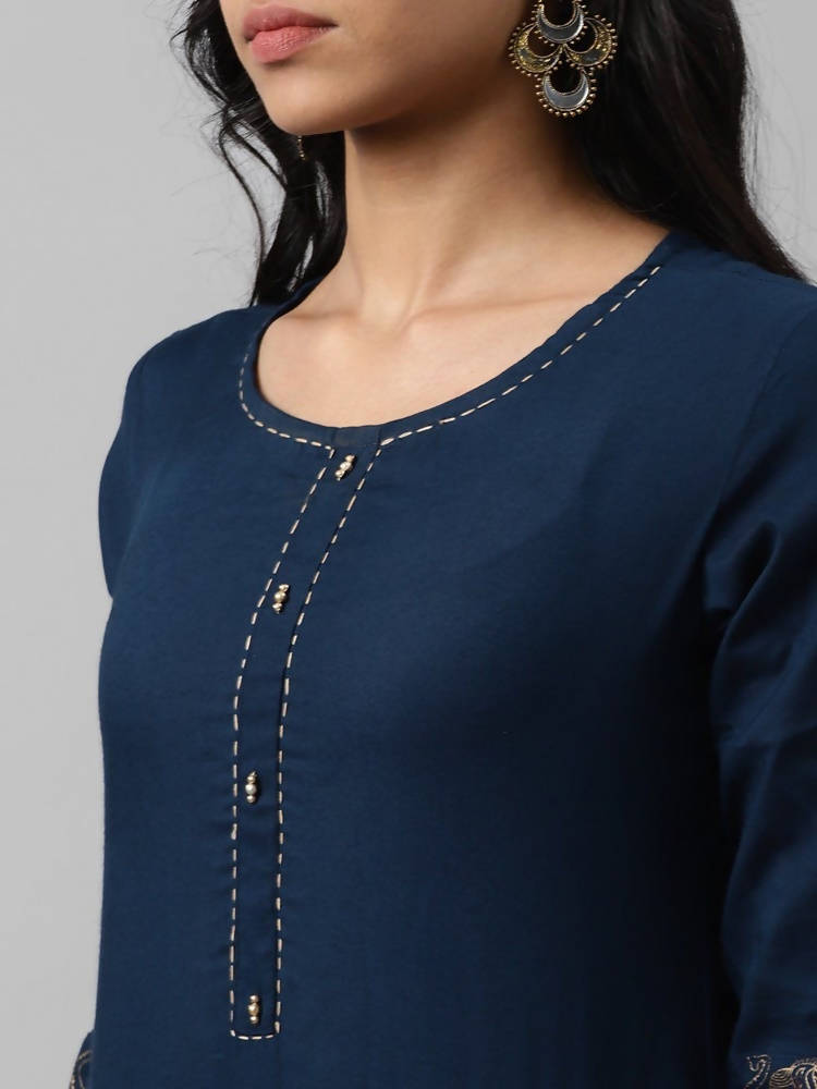 Yufta Women Navy Blue And Golden Pure Cotton Solid Kurta with Palazzo and Dupatta