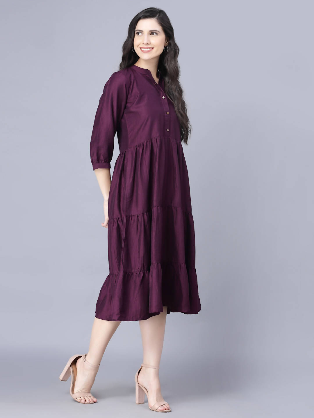 Myshka Silk Solid 3/4 Sleeve V Neck Purple Women Dress - Distacart