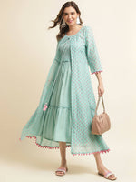 Thumbnail for Sea Green Cotton Solid Flared Dress with Printed Shrug - Yukti - Distacart