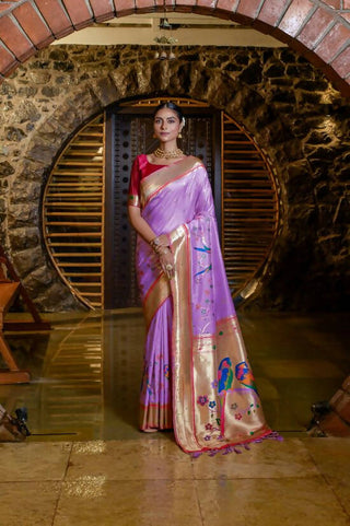 Vishnu Weaves Women's Purple Paithani Silk Zari Woven Saree with Unstitched Blouse - Distacart