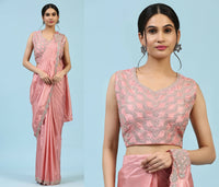 Thumbnail for Peach Silk Satin Plain Ready to wear Saree with stitched Blouse - Vrinda - Distacart