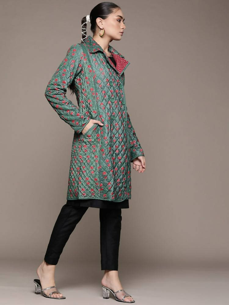 Ritu Kumar Teal Green & Red Floral Print Quilted Velvet Finish Longline Tailored Jacket - Distacart