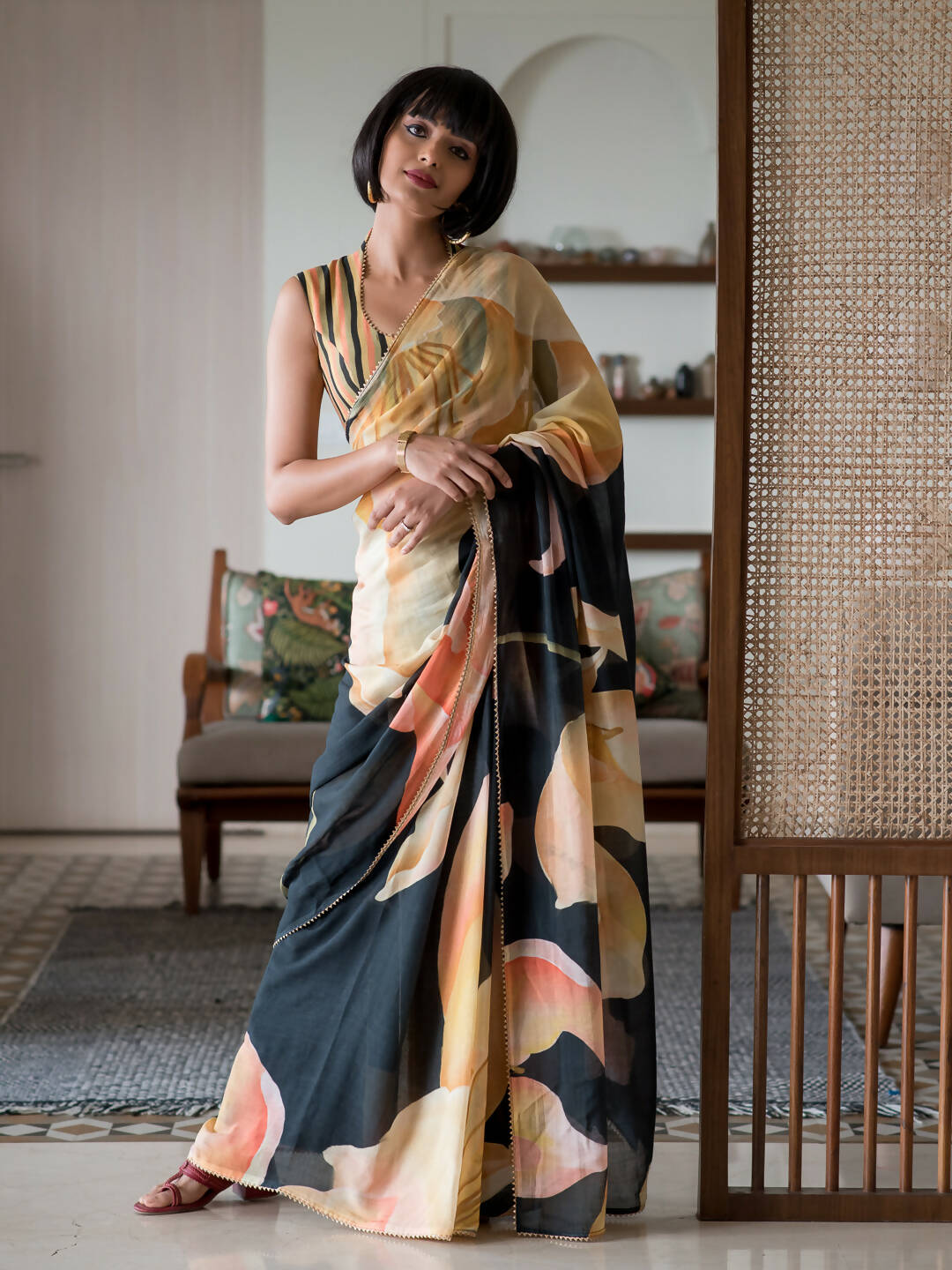 Suta Black Floral Pure Cotton Saree - Distacart