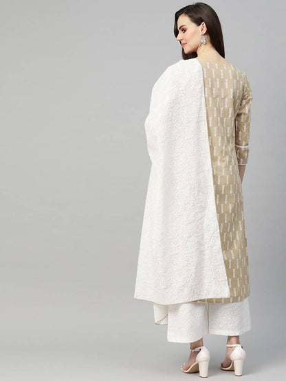 Yufta Women Beige & White Printed Kurta with Palazzo & Dupatta