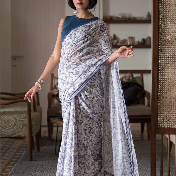 Suta White Floral Pure Cotton Saree - Distacart