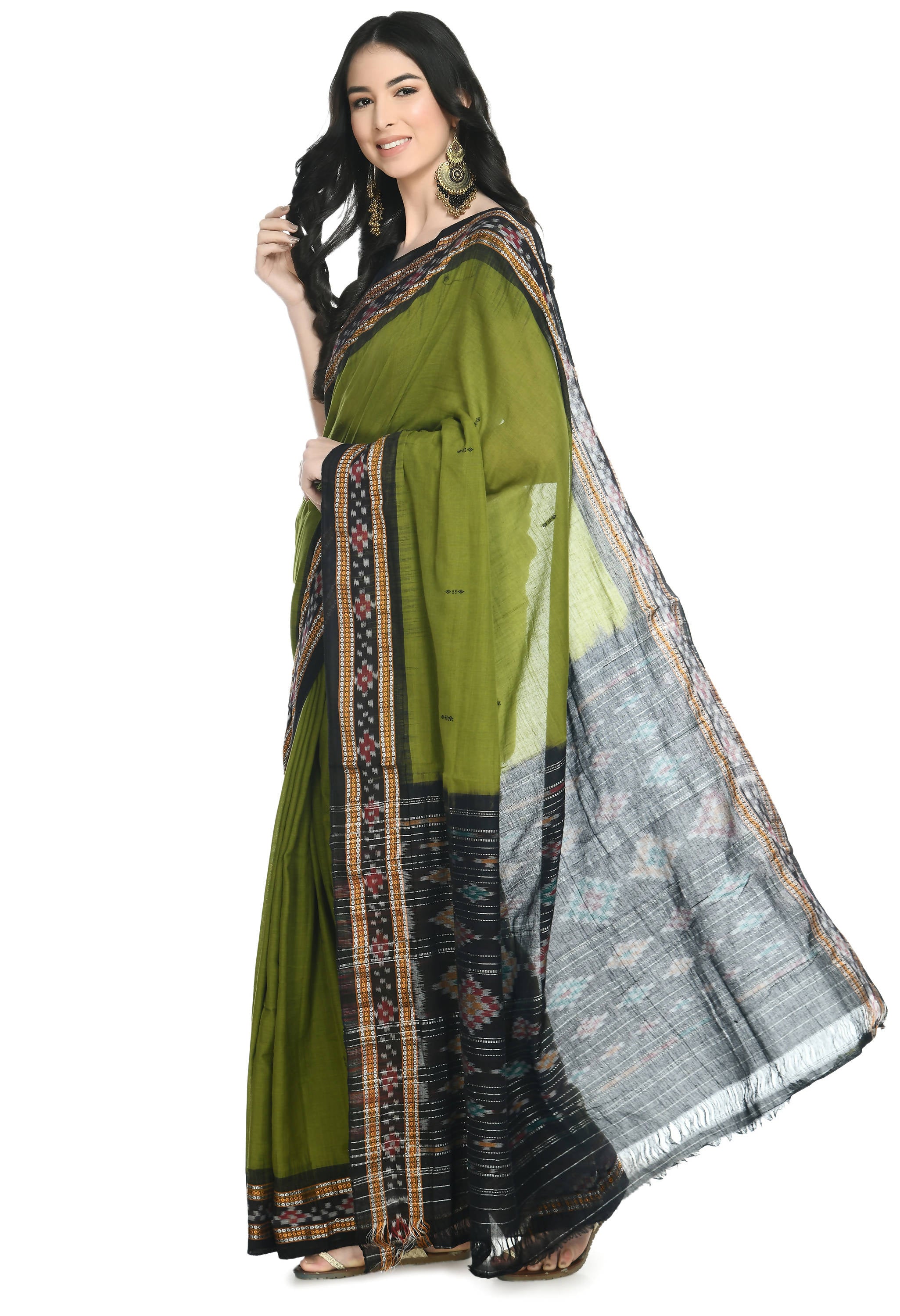 Vamika Sambalpuri Ikat Cotton Rekhabala Buti Green & Black Saree - Distacart