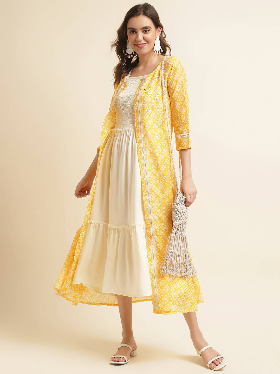 White Cotton Solid Flared Dress with Printed Shrug - Yukti - Distacart