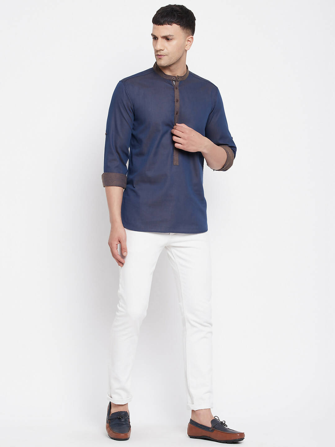 Even Apparels Pure Cotton Blue Men's Kurta With Band Collar - Distacart