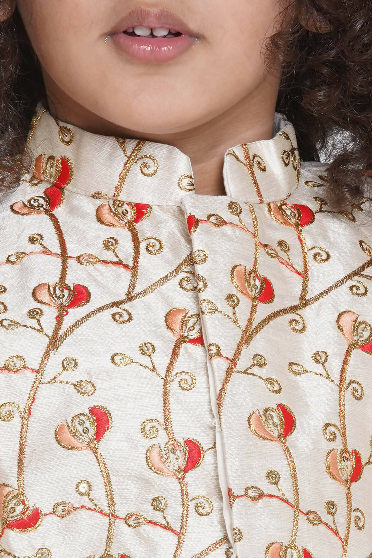 Little Bansi Banarsi Red Tulip Embroidery Jacket with Cotton Kantha kurta and Kantha Pyjama - Cream - Distacart