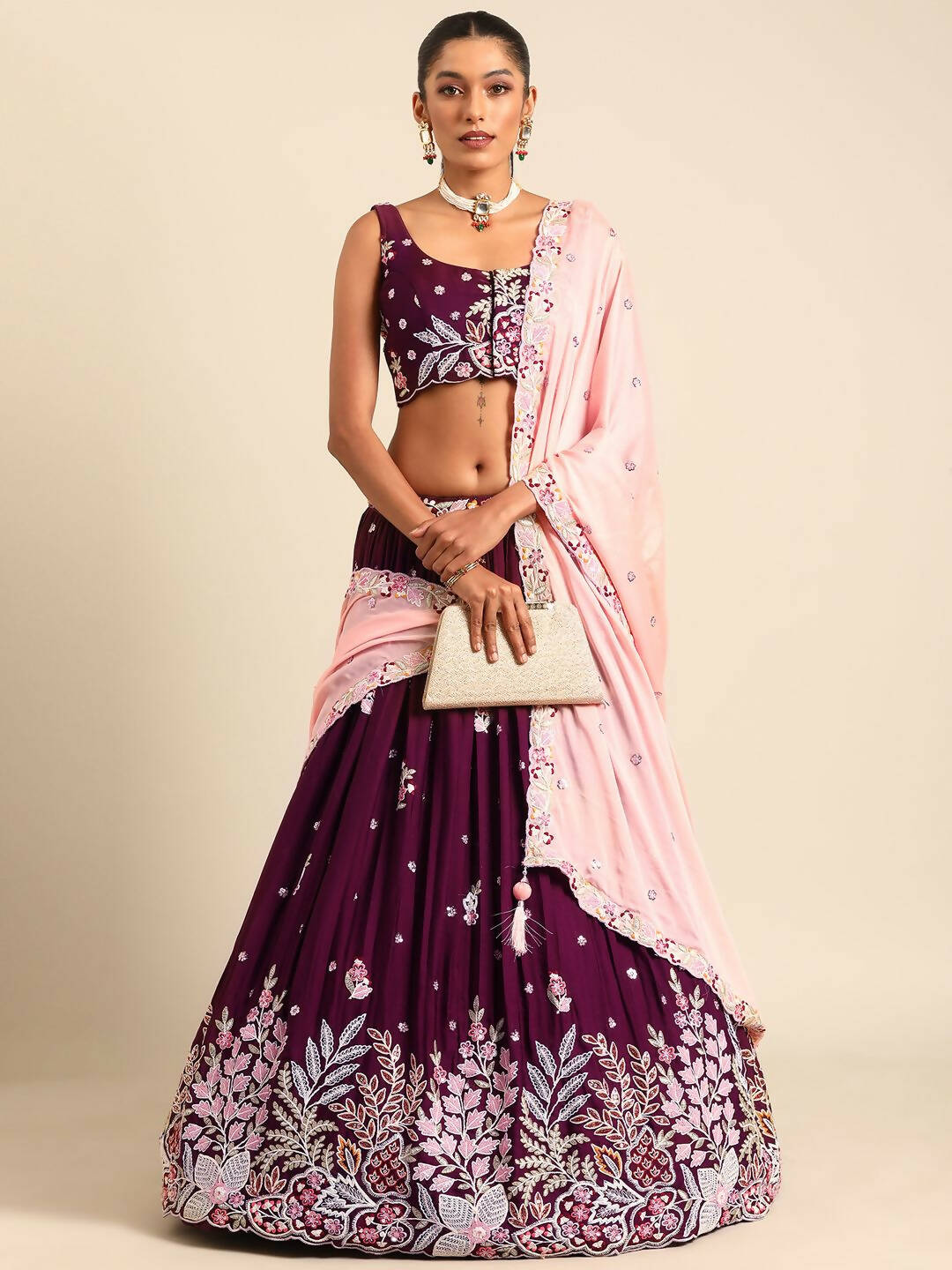 House of Panchhi Burgundy Georgette Sequins and thread embroidery Lehenga choli & Dupatta - Distacart