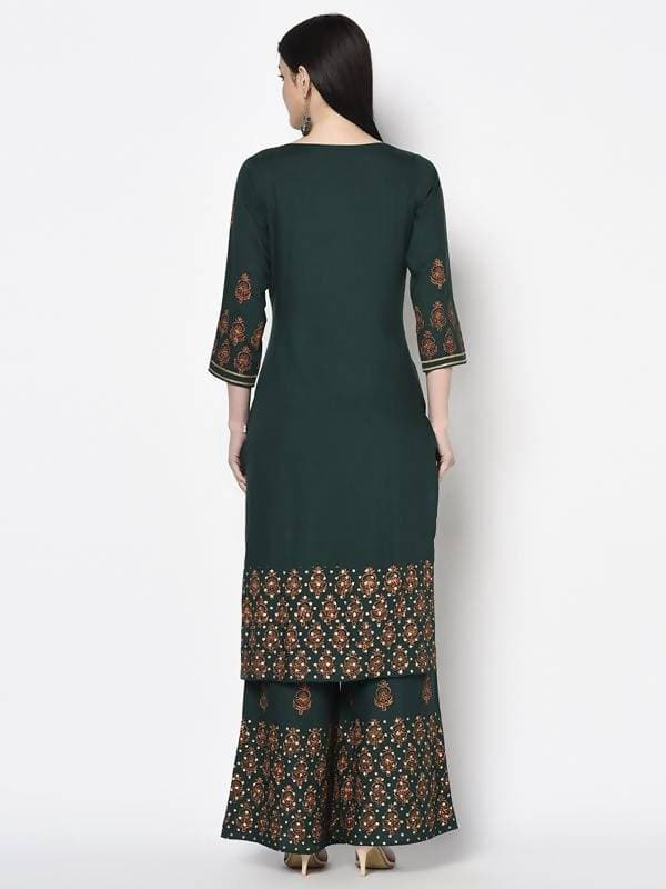 Aniyah Rayon Bottle Green Color Block Print Straight Kurta Palazzo Set (AN-217K)