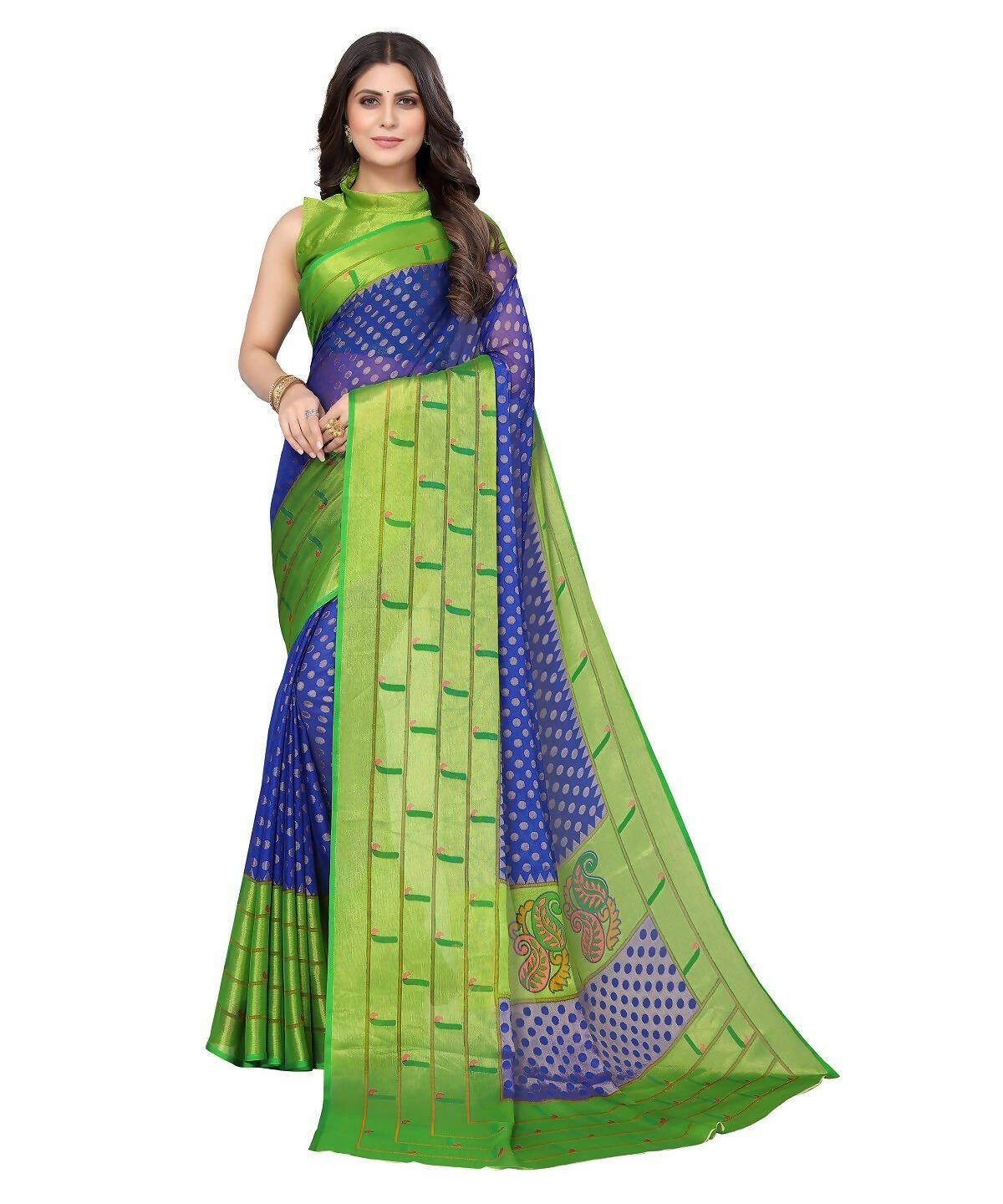 Vamika Blue Chiffon Brasso Bollywood Style Woven Saree (DIMPLE BLUE) - Distacart