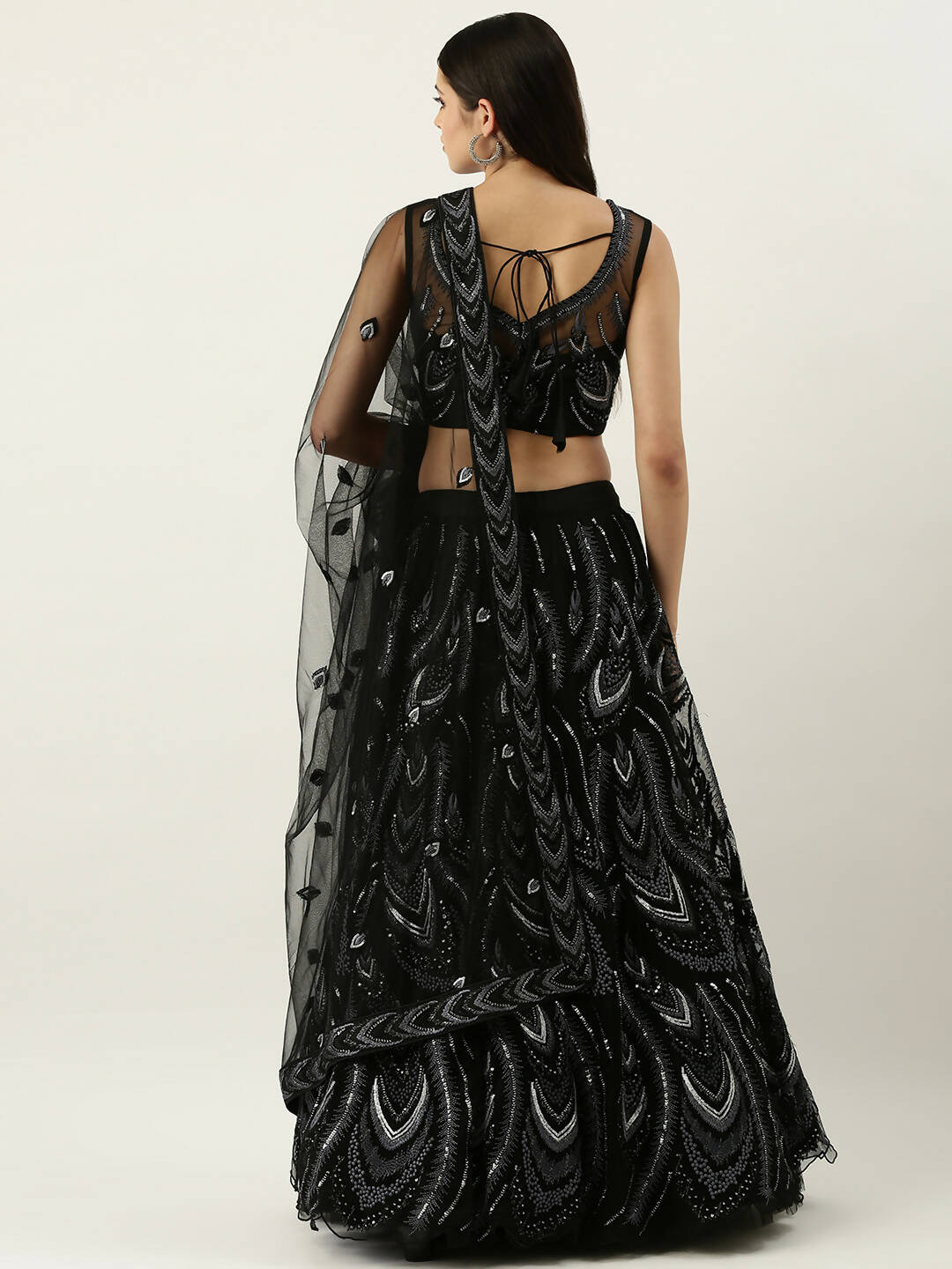 House of Panchhi Women Black Net Sequins Embroidered Lehenga & Blouse with Dupatta - Distacart