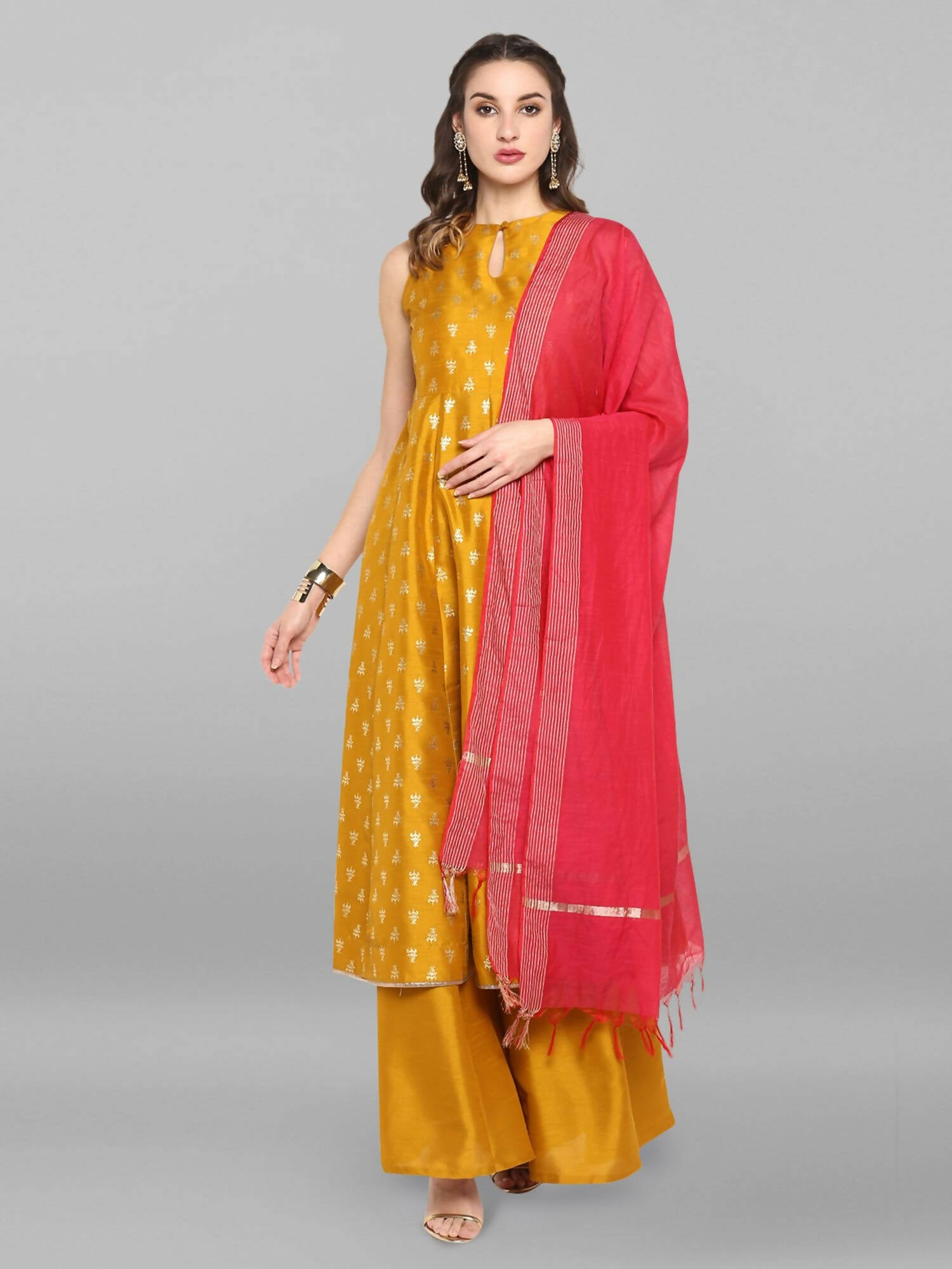 Janasya Women's Mustard Rayon Foil Print Kurti With Palazzo - Distacart