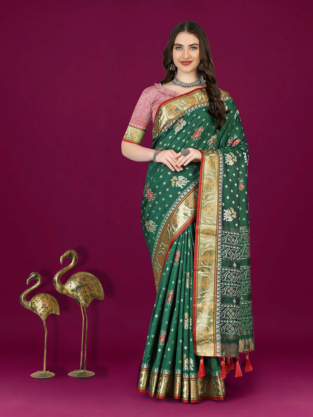 Lorenvalley Fashion Green Patola Silk Woven Design Zari Meenakari Weaving Saree - Distacart