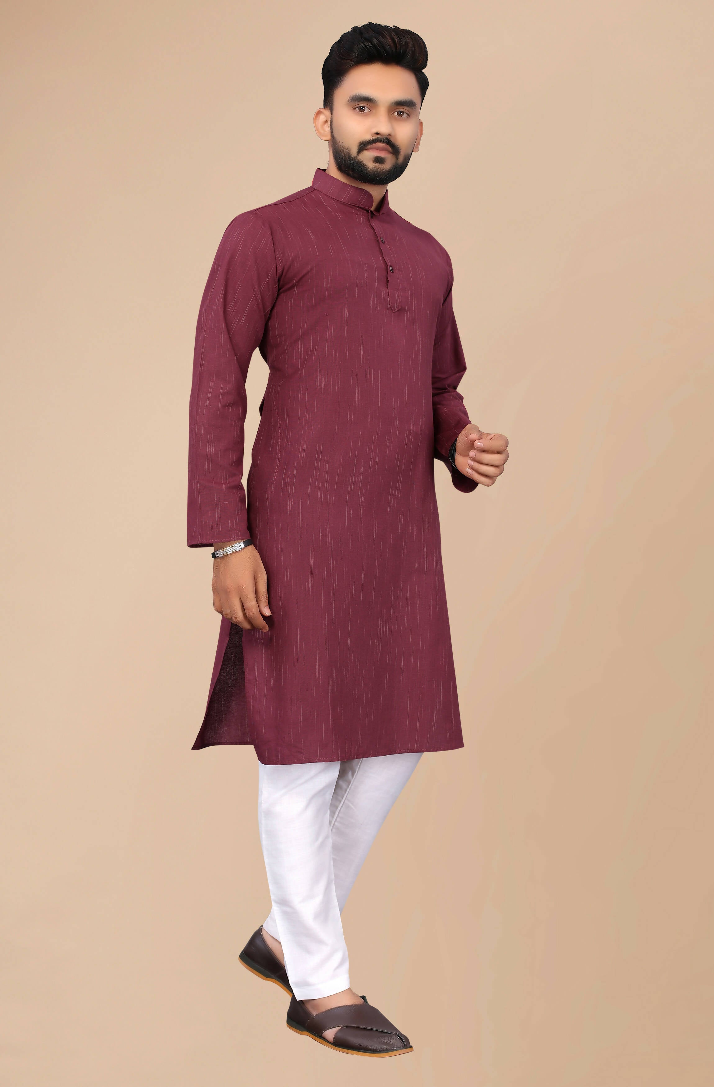 Men's Burgundy Striped Cotton Kurta - Mahotsav - Distacart