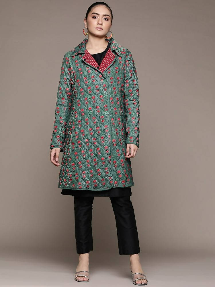 Ritu Kumar Teal Green & Red Floral Print Quilted Velvet Finish Longline Tailored Jacket - Distacart