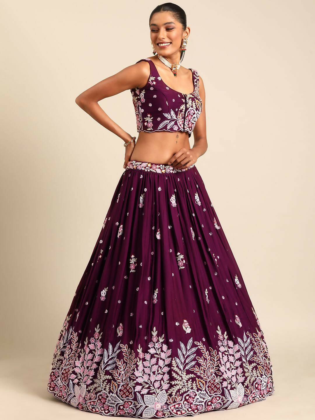 House of Panchhi Burgundy Georgette Sequins and thread embroidery Lehenga choli & Dupatta - Distacart