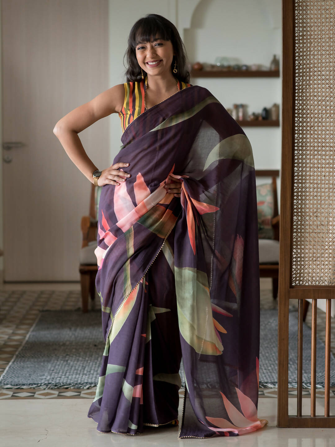 Suta Purple Floral Pure Cotton Saree - Distacart