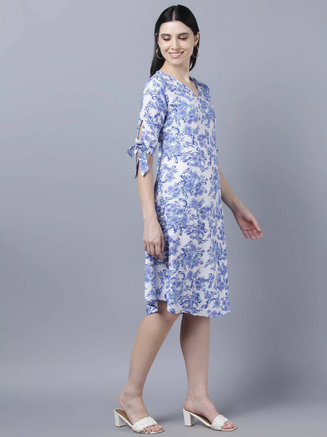 Myshka Women White Blue Printed A-Line Dress - Distacart