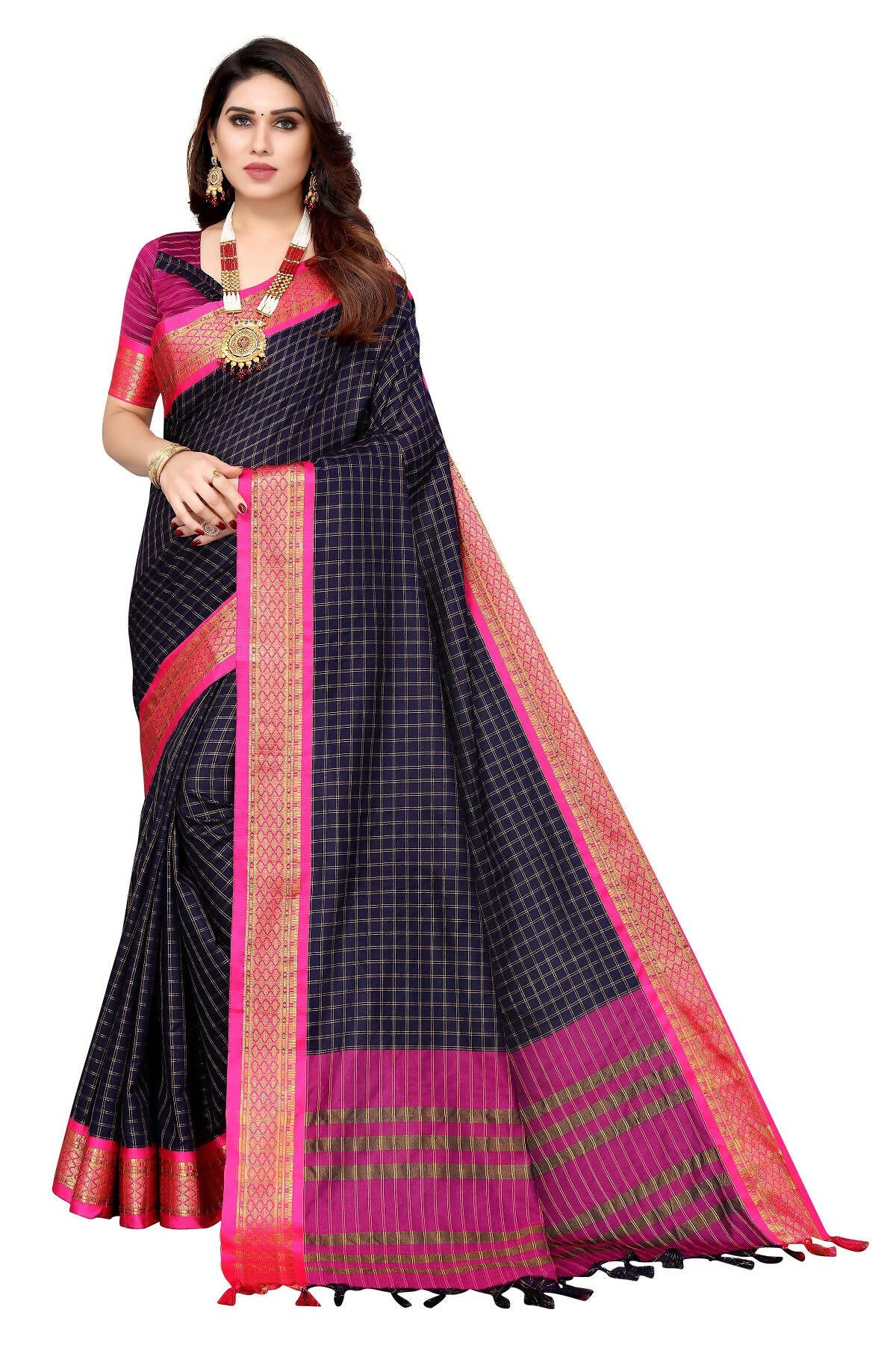 Vamika Weaving Navy Cotton Silk Saree - Distacart