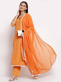 Thumbnail for Myshka Women's Orange Cotton Printed 3/4 Sleeve Round Neck Casual Kurta Pant Dupatta Set
