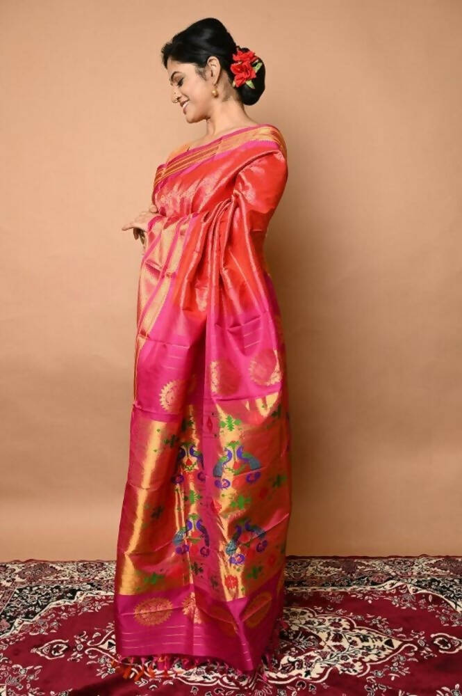 Very Much Indian Silk Handloom Maharani Paithani Complete Brocade Work Throughout Saree Peach Pink - Distacart