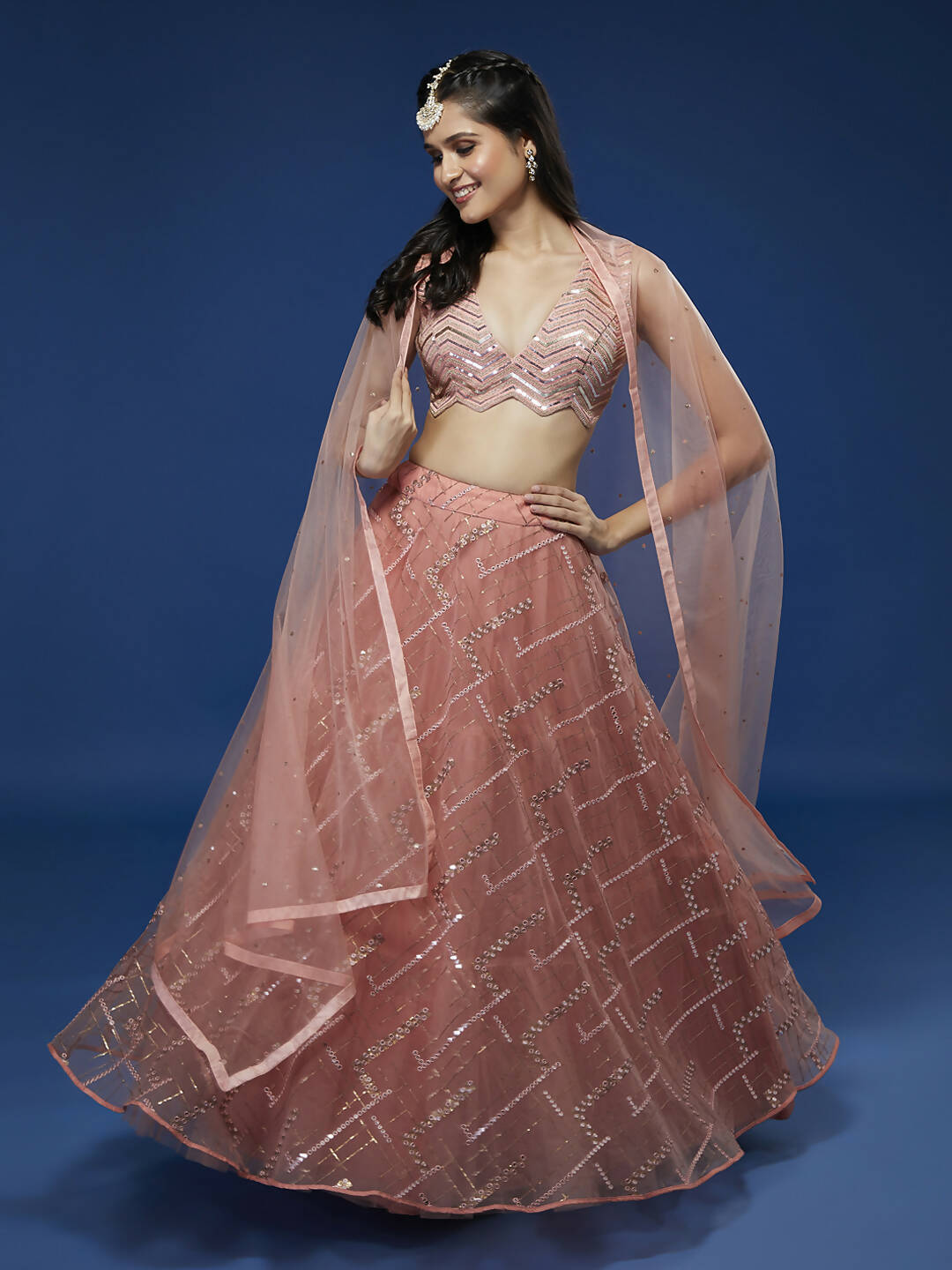 House of Panchhi Peach Net Sequinse Embroidered Lehenga & Blouse with Dupatta - Distacart