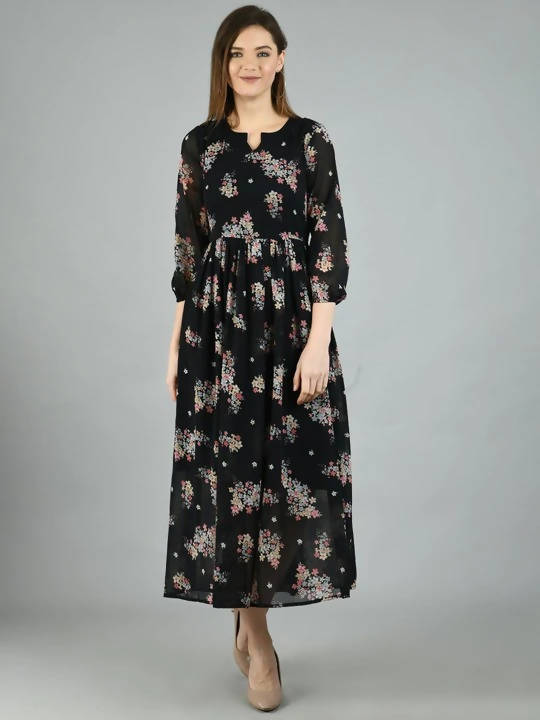 Myshka Women's Black Georgette Printed 3/4 Sleeve Round Neck Casual Dress - Distacart