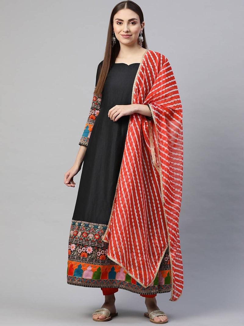 Myshka Multicolor Solid 3/4 Sleeve Sweetheart Neck Anarkali Gown With Dupatta - Distacart