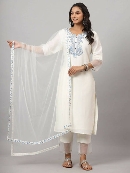 Juniper Women's White Chinnon Solid Embroidered Kurta Set - Distacart