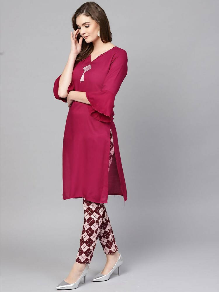 Yufta Women Burgundy Solid Bell Sleeves Straight Kurta with Tassel Detail
