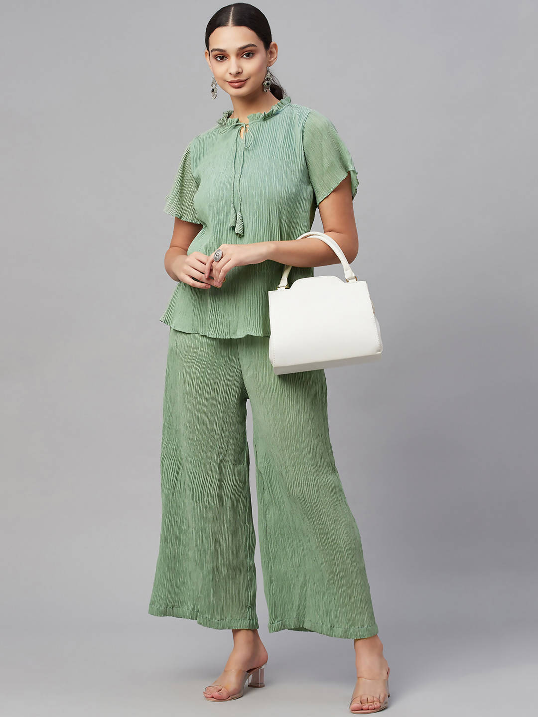 Myshka Women Green Chiffon Round Neck Top Palazzo Set - Distacart