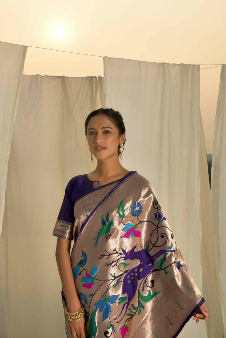 Vishnu Weaves Women's Royal Blue Paithani Silk Zari Woven Saree with Unstitched Blouse - Distacart