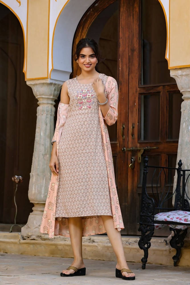 Yufta Orange Printed & Embroidered Dress