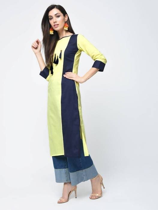 Aniyah Cotton Color Block Yellow Straight Kurta With Tassels (AN-103K)