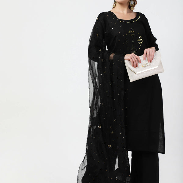 Cheera Women's Black Rayon Slub Kurta Palazzo Organza Silk Dupatta Set - Distacart