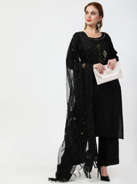 Thumbnail for Cheera Women's Black Rayon Slub Kurta Palazzo Organza Silk Dupatta Set - Distacart