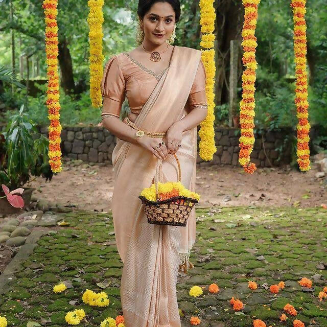 DEIANA'S Beautiful Golden Jari with New Design Soft Lichi Silk Saree - White - Distacart