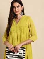 Thumbnail for Janasya Mustard Yellow Dobby Weave Poly Chiffon Kurta - Distacart