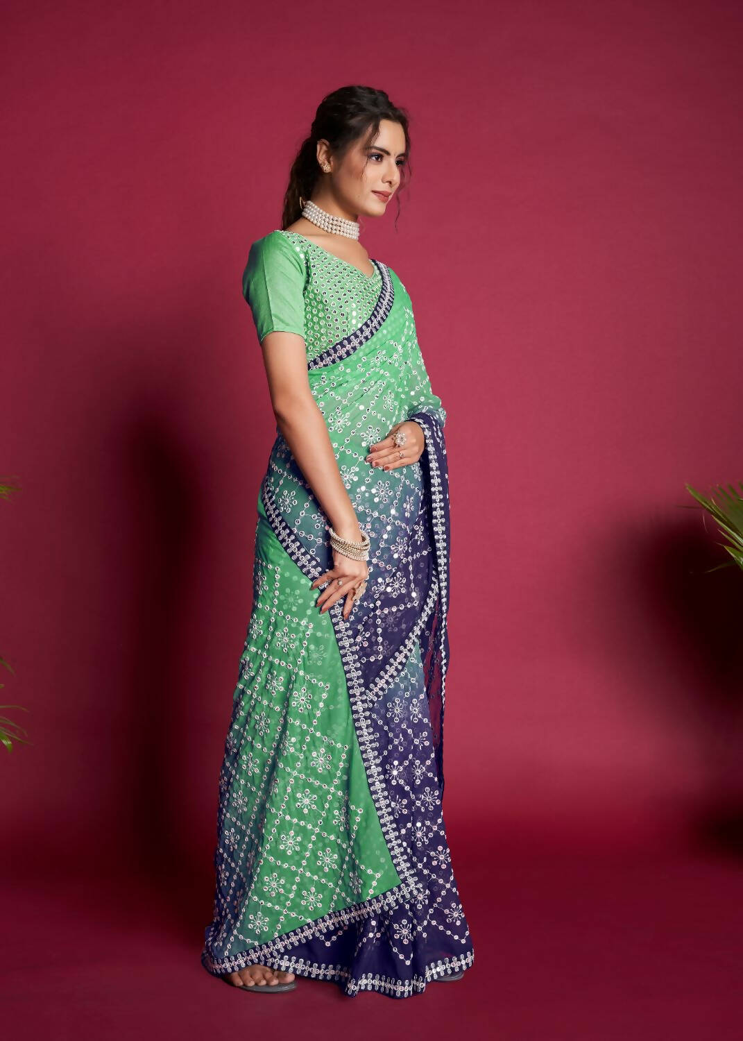 Vamsee Green And Blue Georgette Designer Saree - Distacart