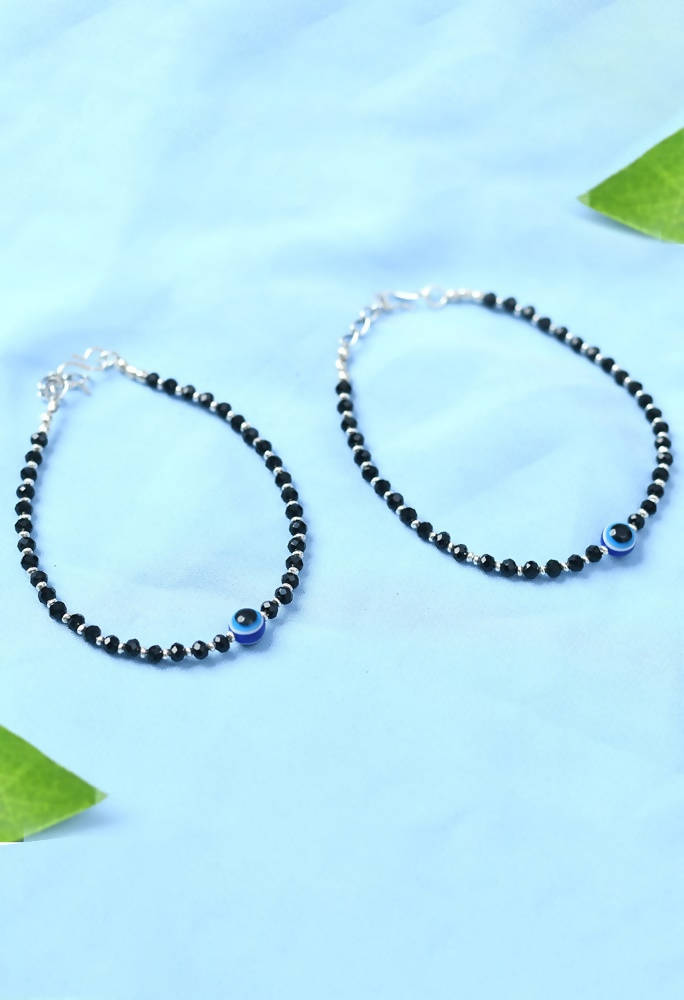 Mominos Fashion Kamal Johar Nazariya Silver With Black Crystals Anklets